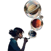 Contemplative woman with cosmic planets
