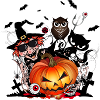 Halloween Kürbis mit Hexe,Katze,Fledermaus & Eule