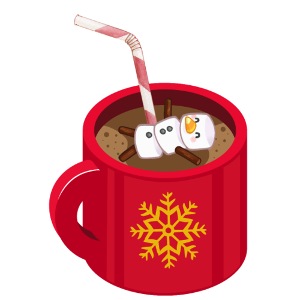 Rød kakaokopp med flytende marshmellows snømann