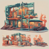 retro-futurism,1950s,lowpoly,artwork,scetch