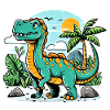 Cartoon Dinosaur with Jungle Sunset