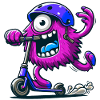 cute funny pink monster on escooter