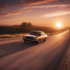 Car drives into the sunset