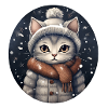 Cat with hat, scarf and jacket in snowfall