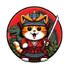 Samurai-Ninja-Katze und Dinosaurier-Monster dahinter