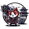 Samurai-Ninja-Katze hinter Monster und Dojo