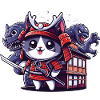 Samurai-Ninja-Katze hinter Monster und Dojo