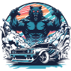 Japanese style car behind monster and rainbow, JDM