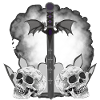 Menschenschädel, Schwerter, Dämonenflügel, vanitas
