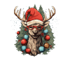 Rentier mit Weihnachtskugeln und Mütze