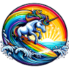 Surfendes Einhorn auf Regenbogenwelle