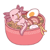 Söpö axolotl syö ramen-nuudeleita kulhossa hauska