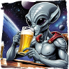 Alien drinks beer in space