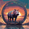 Hippopotamus,Painting,Sunset,Circle,Landscape