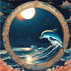 Dolphins,Anime style,wave,night,circle,gold,painting