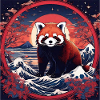 red panda,panda,wave,sea,sunset,anime