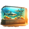 Requins dans l’aquarium, aquarelles