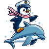 Sailing Penguin Riding A Dolphin
