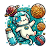 Sød astronaut Space Kitty midt i garnplaneter