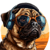 Mops mit Sonnenbrille und Kopfhörer