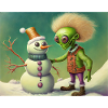 alien is building a snowman