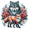 Wolf und Fuchs mit Blumen