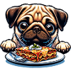 Dog Pug Enjoys Lasagna