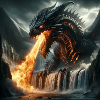 Fire-breathing dragon in waterfall
