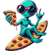 Alien alien surfer surfing pizza