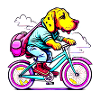 Dog rides bike comic style transparent