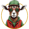 Funny goat in hiking outfit