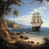 Sailing ship on tropical coast