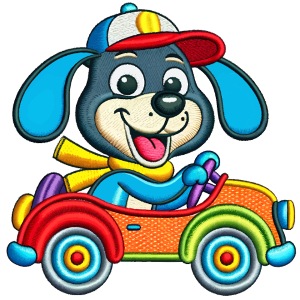 Niedlicher Hund fährt Regenbogen Auto Karikatur