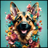 German shepherd, flowers
