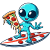 Cooler Alien Surfer mit Pizza