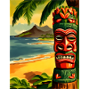 Tiki Mask on Tropical Beach Sunset