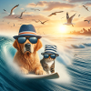 chient et chat surfeur