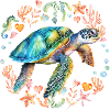 Tortue entourée de créatures marines