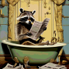 raccoon,newspaper, in the bathroom, reading,retro