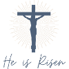 Jezus aan het kruis "Hij is verrezen" ontwerp