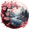 Kirschblüte Japanisch Berg Flusslandschaft