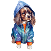 Funny spaniel in dog clothes.
