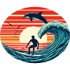 Surfer with dolphin in sunset
