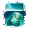 Hippopotamus, blue, painting, baby, water
