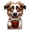 Hund müde mit Kaffeetasse