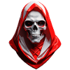 Skull with red-white-red hood.