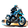 Biker on blue motorcycle