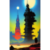 Futuristic skyline with moonlight