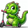 Dino green on a scooter