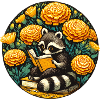 Reading Raccoon with Marigolds